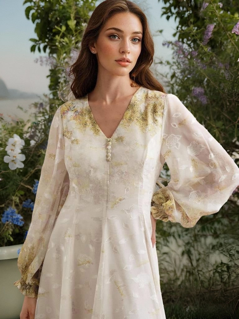 Enchanting Langry maxi dress in cream floral embroidery with bell sleeves and pearls