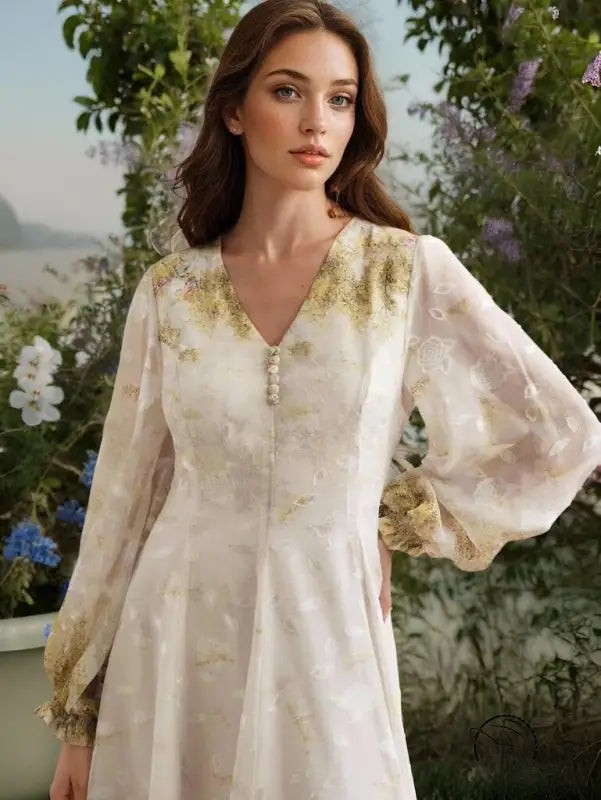 Enchanting langry cream floral embroidered maxi dress with bell sleeves and pearls
