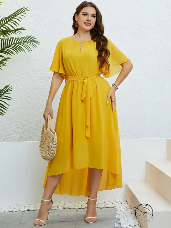Elegant lace up dress: woman in yellow high-low style, free shipping
