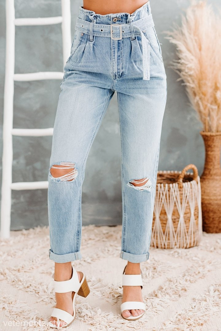 Light wash distressed hole denim trousers with high waist, paperbag style and white belt
