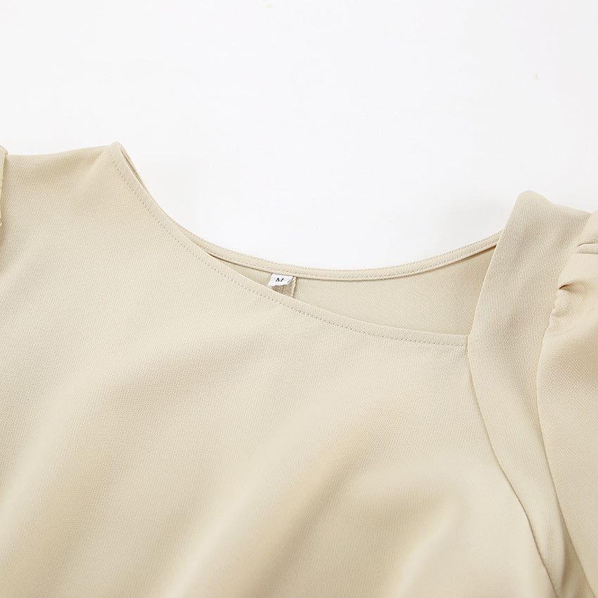 Beige square-neck blouse with elegant puff sleeve for puff sleeve tight dress style