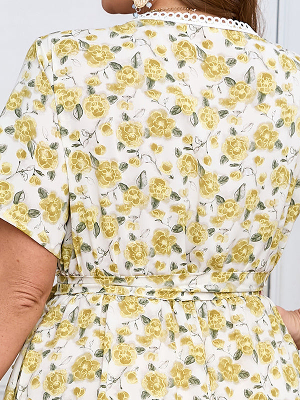 Boho Lace Floral Dress featuring white and yellow floral print, short sleeves, and belted waist