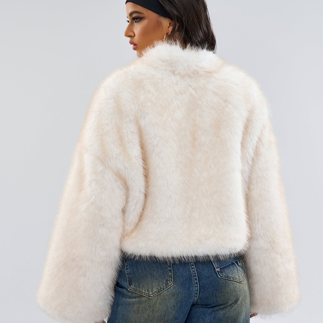 Creamy faux fur jacket from Fur Short Coat collection, perfect for luxury fashion ملابس