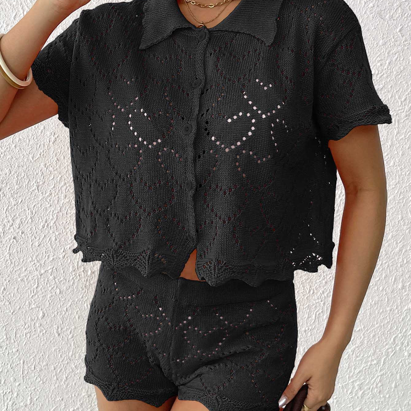 Black crochet knit two-piece set featuring stylish langry design and elegant sleeve length