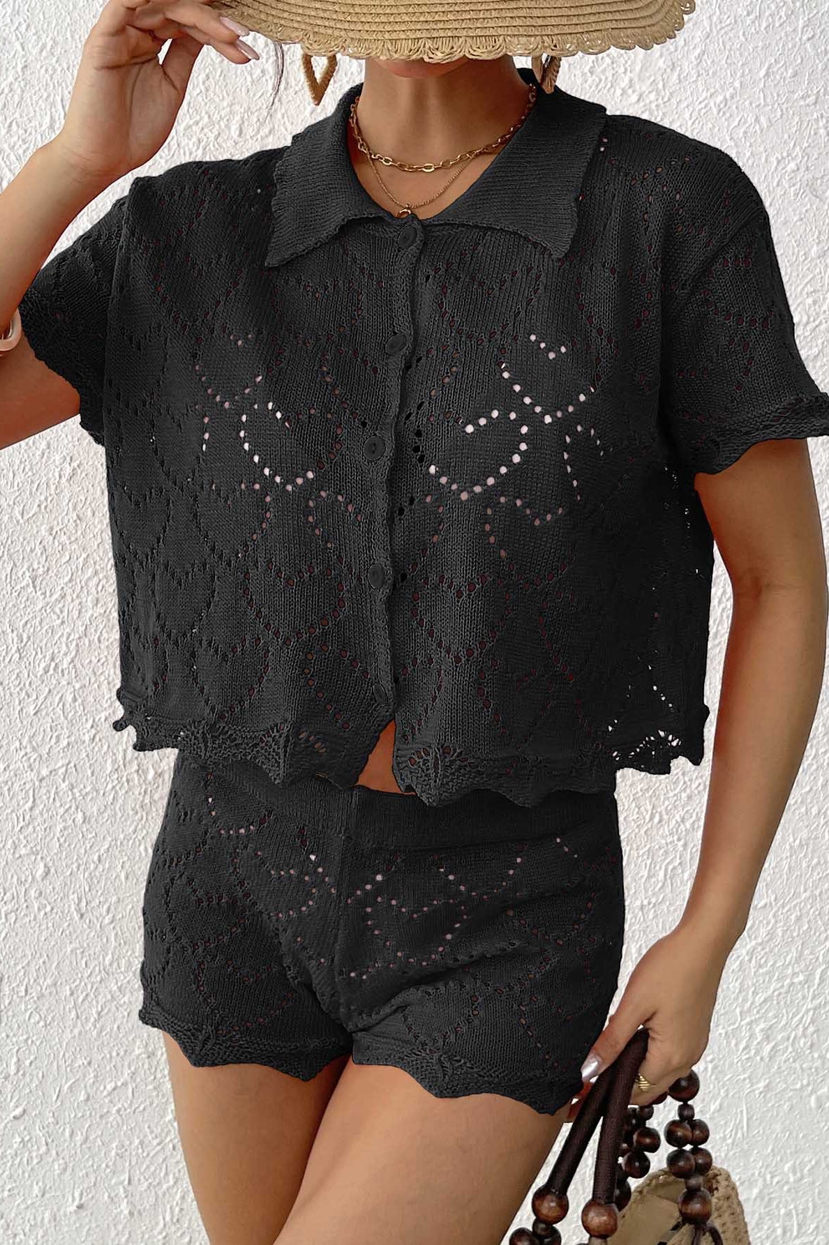 Black crochet knit two-piece set featuring stylish langry design and elegant sleeve length