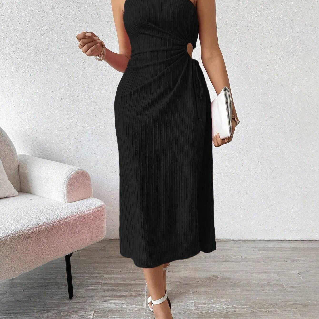 Black one-shoulder midi dress from Elegant Sleeveless Shoulder Slit Dress in langry fashion