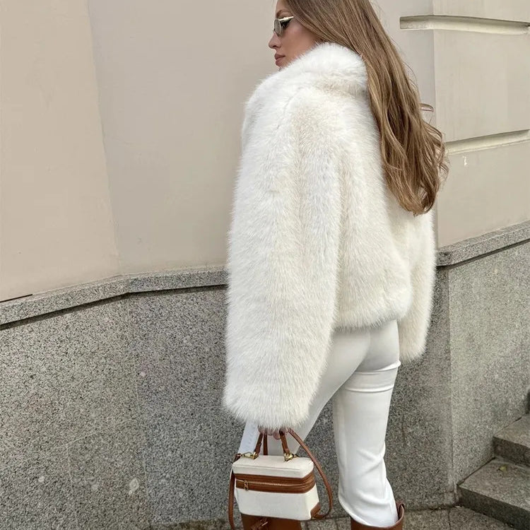 Gorgeous faux fur jacket with high collar and plaid boots