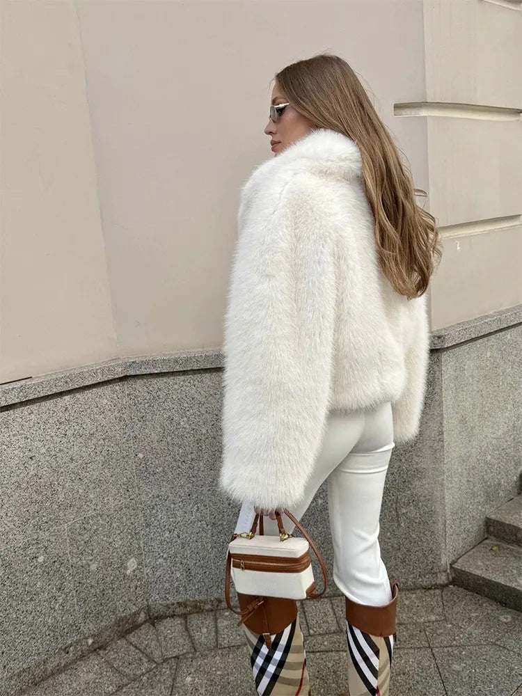 Gorgeous faux fur jacket with high collar and plaid boots