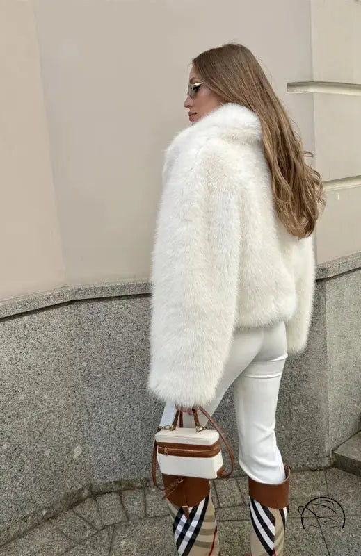 Gorgeous faux fur fox jacket with high collar and plaid boots