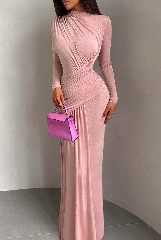 Winter pleated slim fit dusty rose maxi dress with ruched sleeves