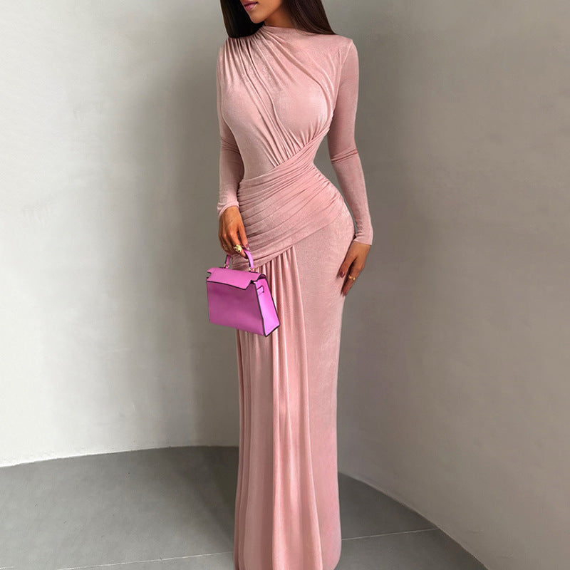 Winter pleated slim fit dusty rose maxi dress with ruched sleeves