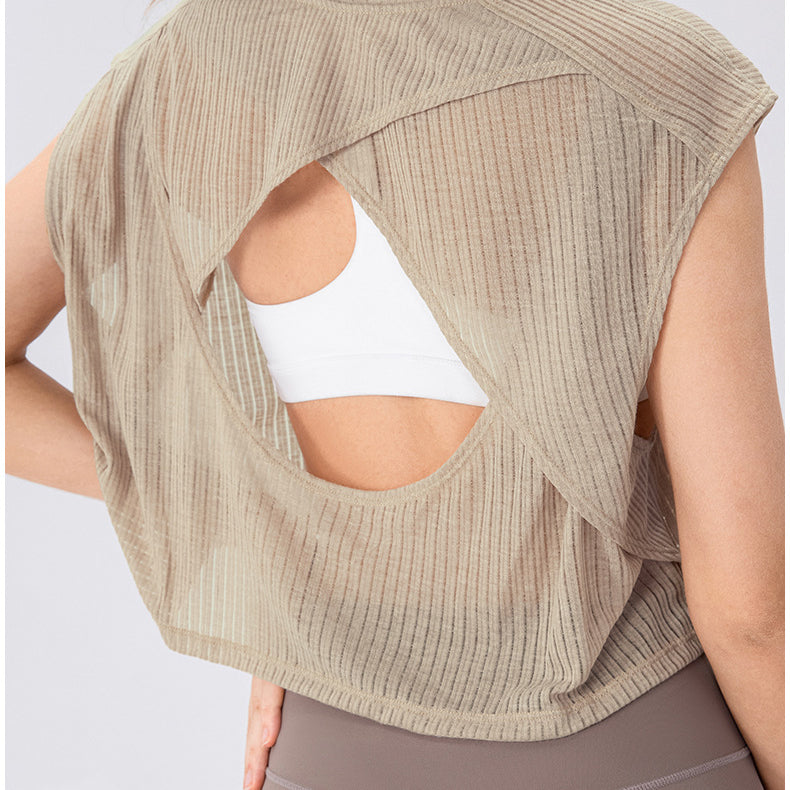 Summer Yoga Blouse Women Hollow out Cutout Breathable Sleeveless Top Short Loose Running Sports Workout