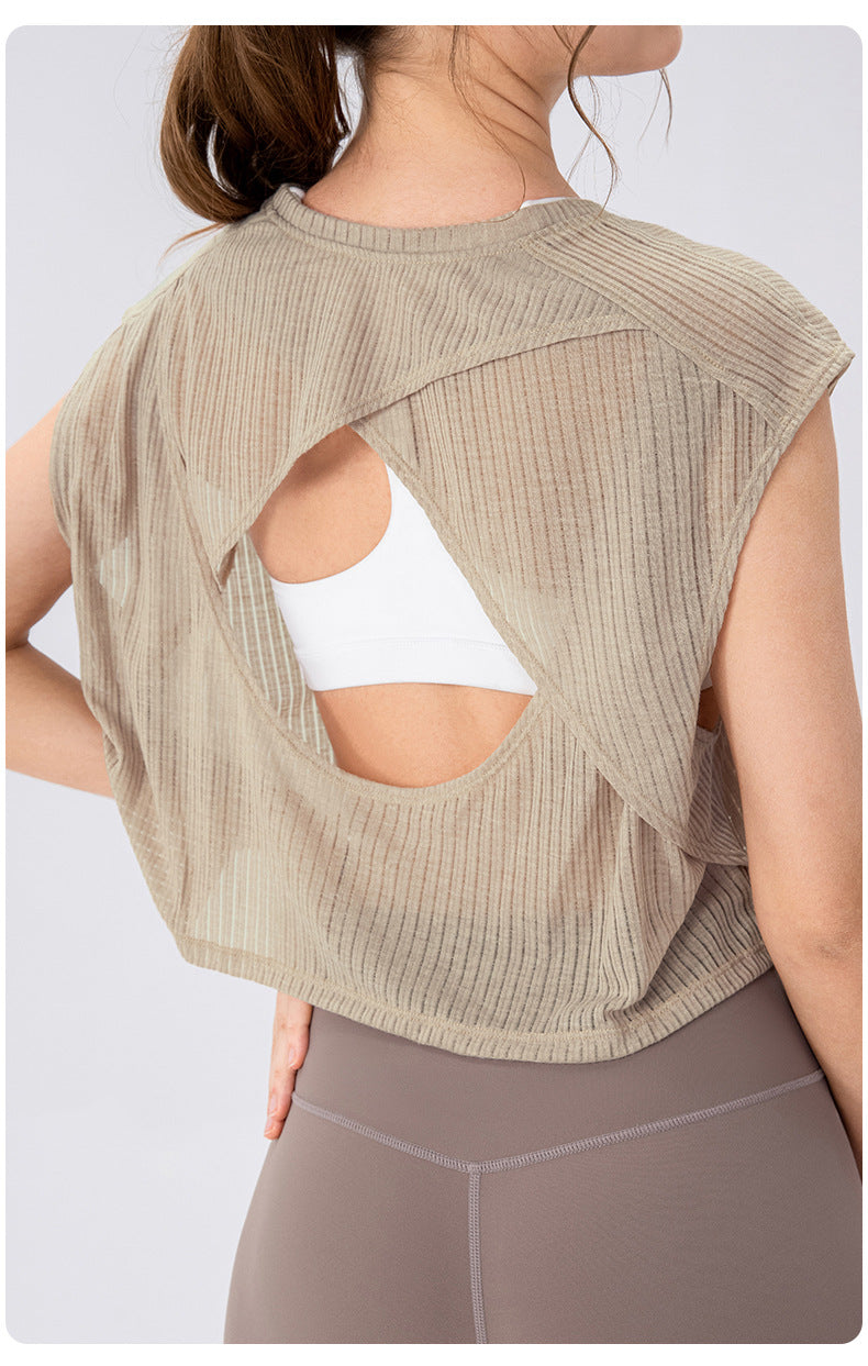 Summer Yoga Blouse Women Hollow out Cutout Breathable Sleeveless Top Short Loose Running Sports Workout