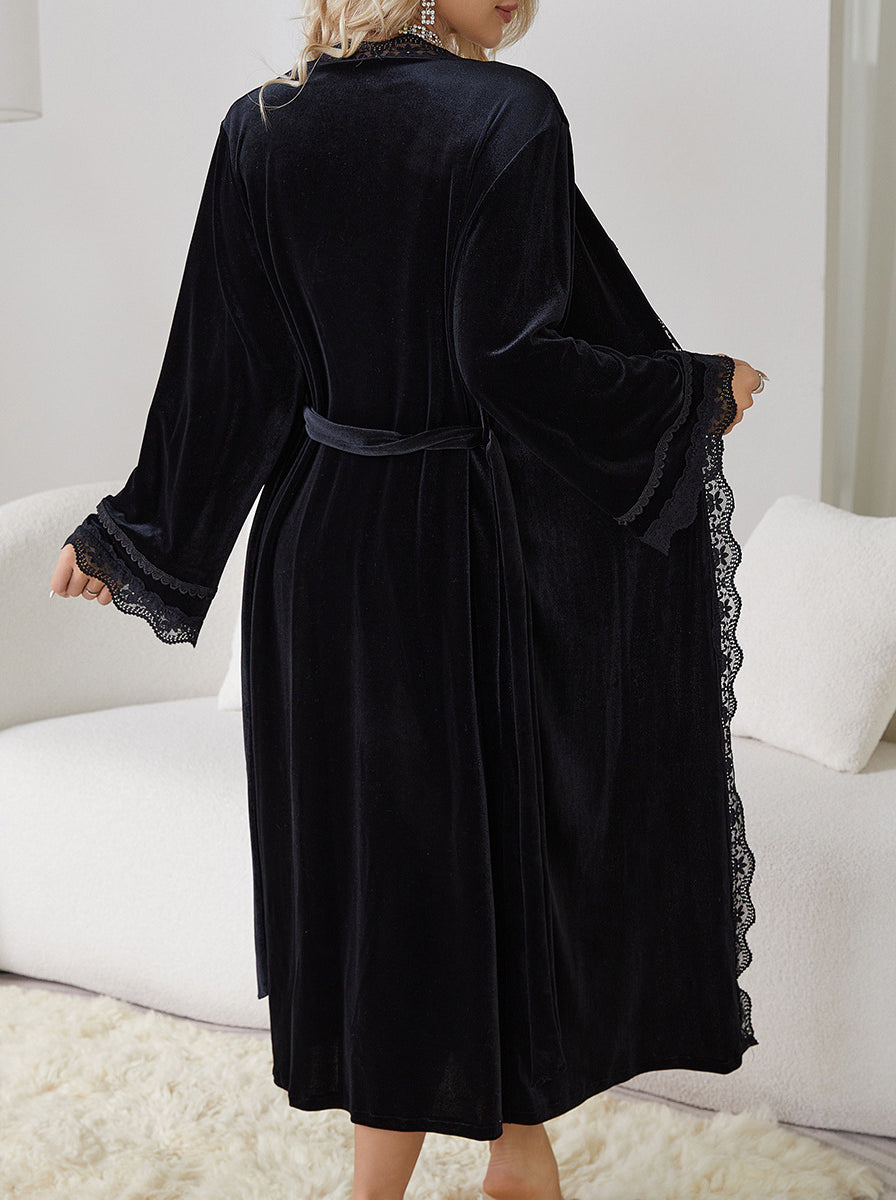 Langry fashion black velvet robe with lace trim in slit backless nightdress