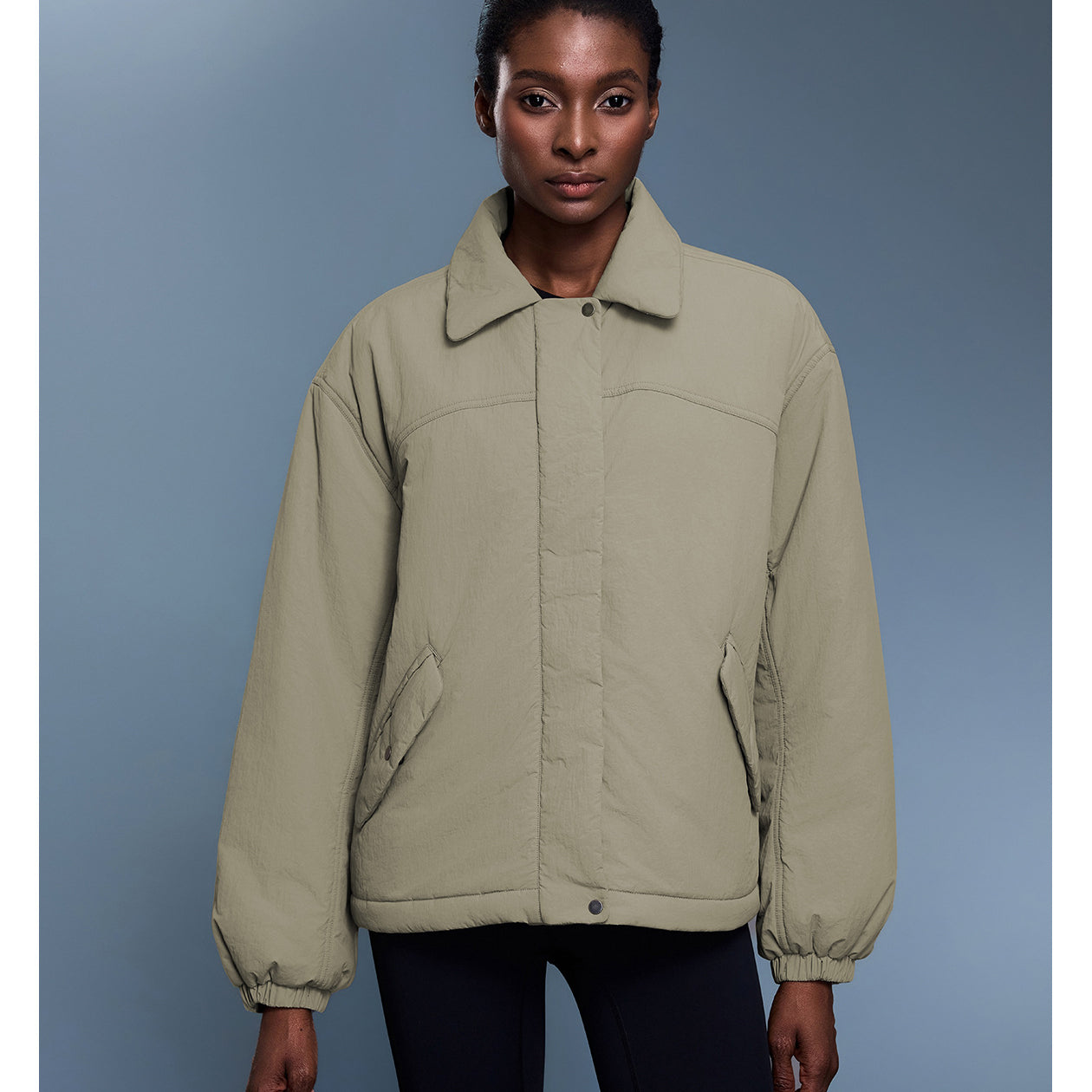 Langry fashion khaki bomber jacket with patch pockets and drawstring hem