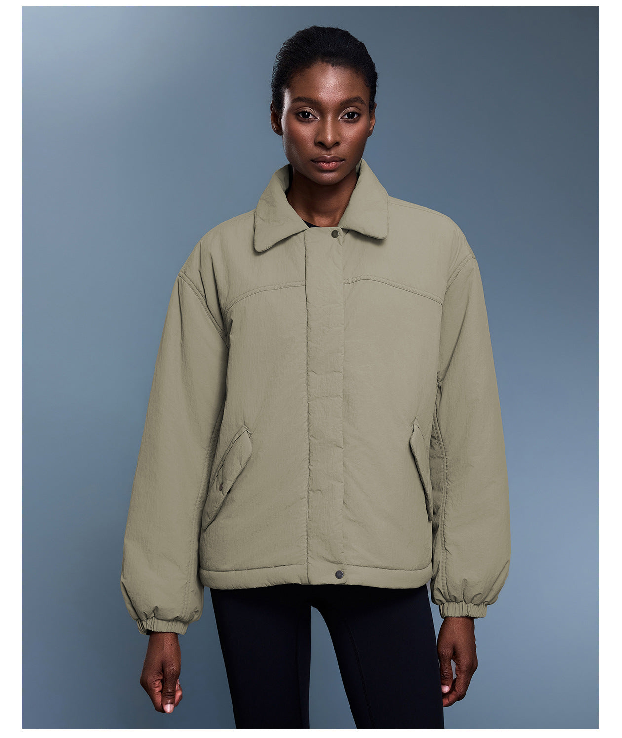 Langry fashion khaki bomber jacket with patch pockets and drawstring hem