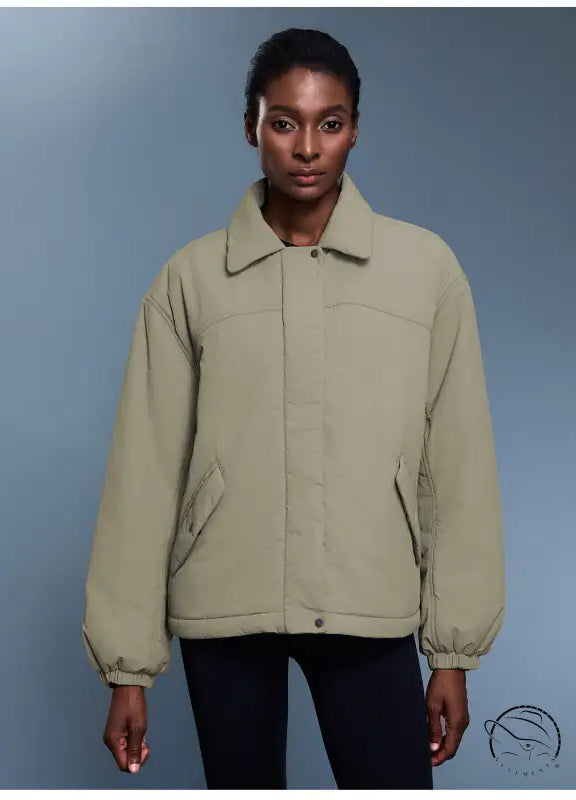 Langry fashion khaki bomber jacket with patch pockets and drawstring hem