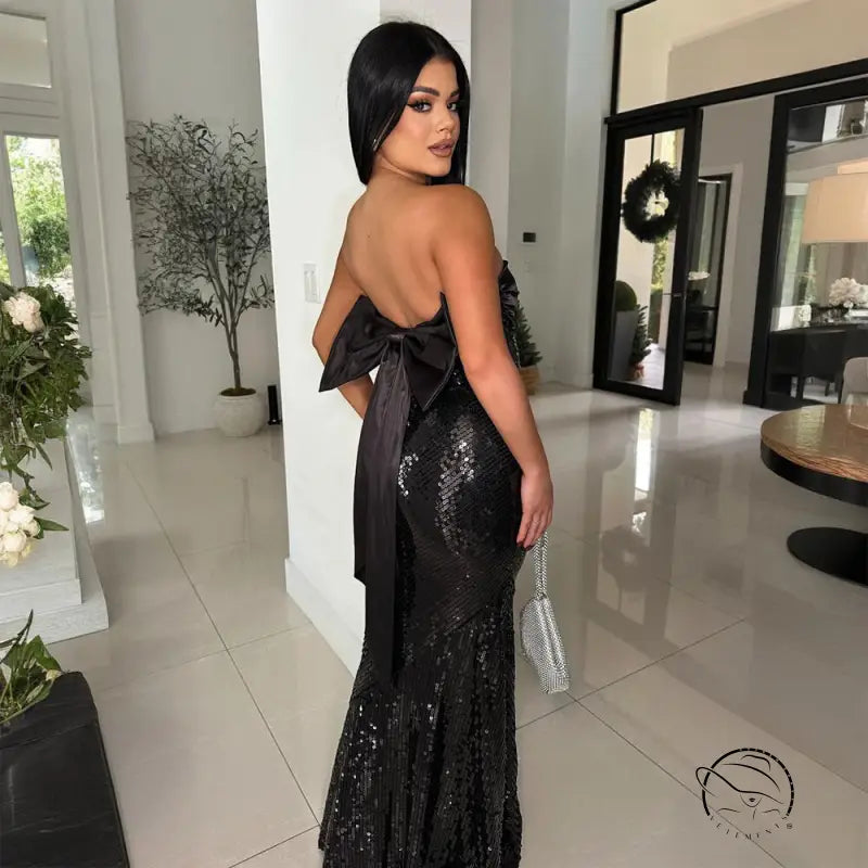 Amazing satin stitching dress in sequin black strapless gown with bow