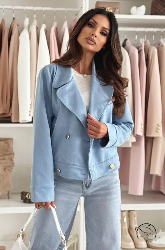 Slim langry fashion light blue denim jacket with gold buttons and black trim