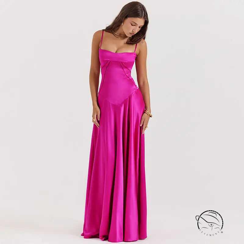 Stunning magenta satin langry fashion evening dress