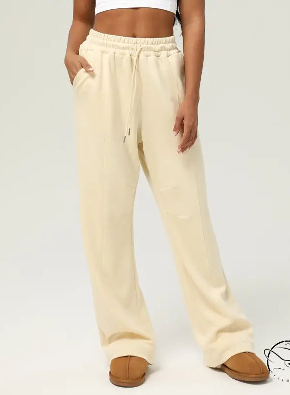 Cream-colored casual fitness yoga pants with drawstring and pockets