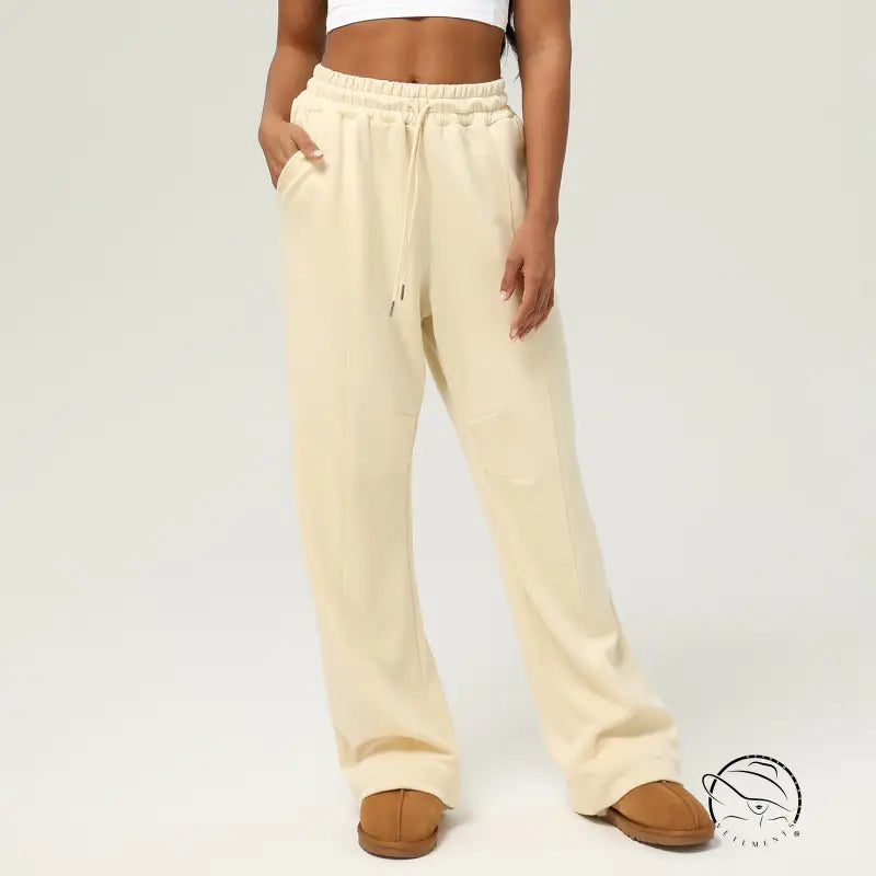 Cream-colored casual fitness yoga pants with drawstring and pockets