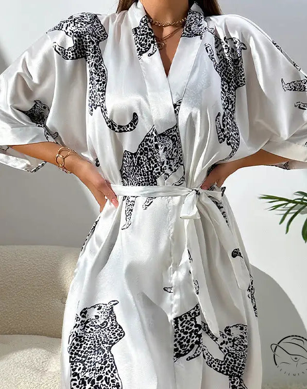 White casual cardigan nightgown with black leopard print and kimono sleeves