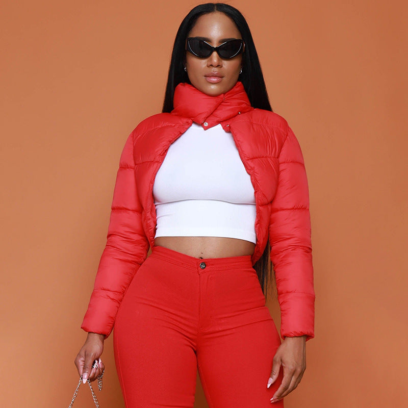 Woman in red puffer jacket and pants wearing Winter Half Turtleneck Slim Fit Cotton Padded Coat