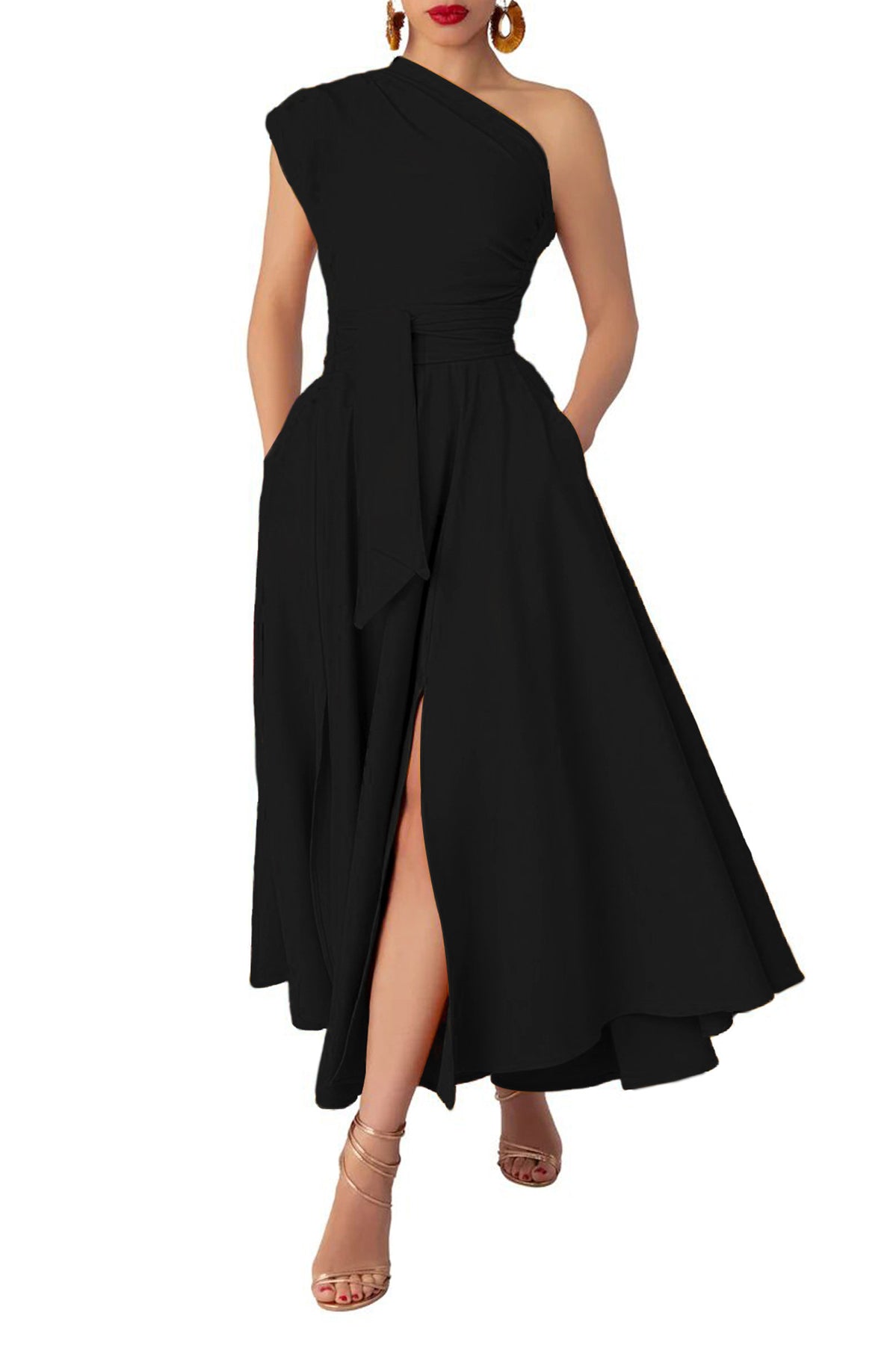 Black one-shoulder waist tight swing maxi dress with pockets and slit