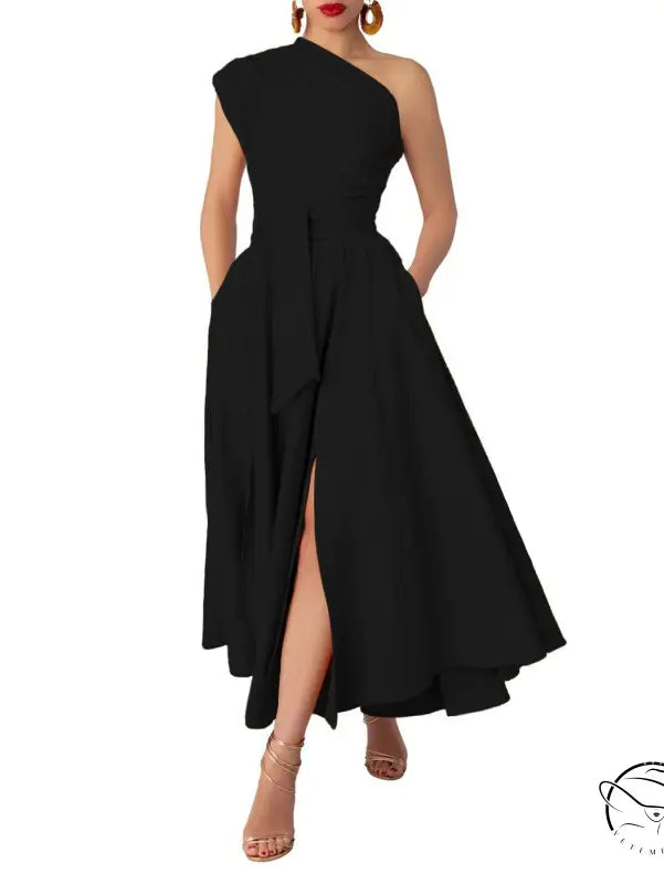 Black one-shoulder waist tight swing maxi dress with pockets and slit