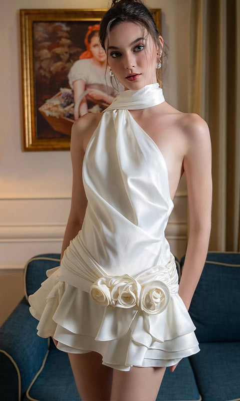 White off-shoulder Elegant High Grade Dress with floral accents, perfect for fashionable ملابس