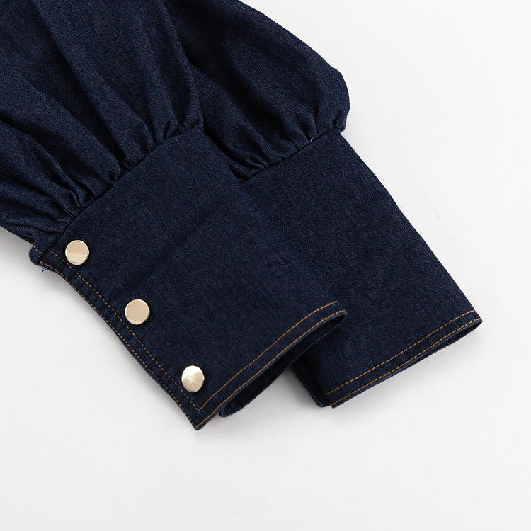 Dark blue denim shirt fashionable cuff with three gold buttons for stylish denim shirt fashion