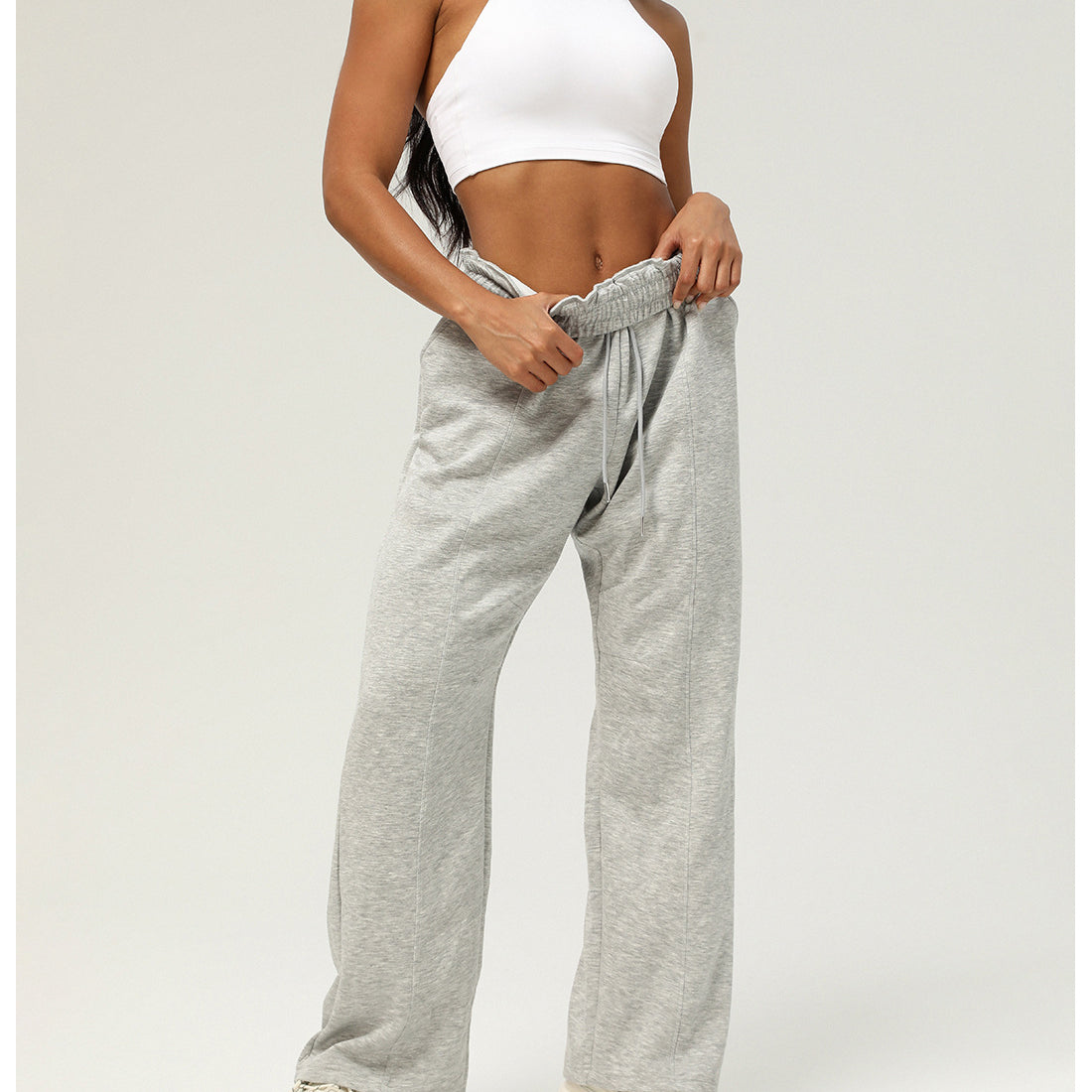 Light gray Casual Fitness Yoga Pants with drawstring waistband and straight-leg cut