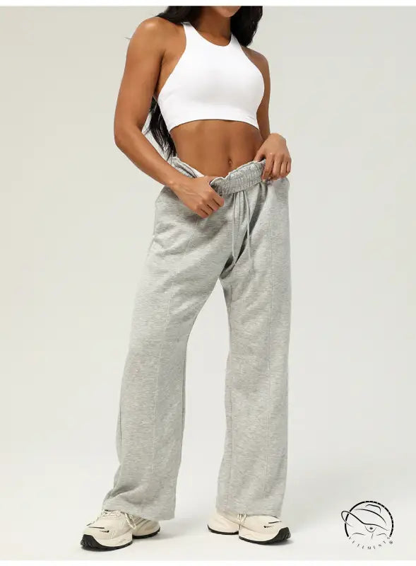 Light gray casual fitness yoga pants with drawstring waistband and straight-leg cut