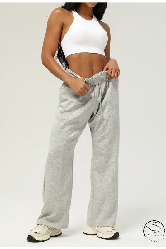 Light gray casual fitness yoga pants with drawstring waistband and straight-leg cut