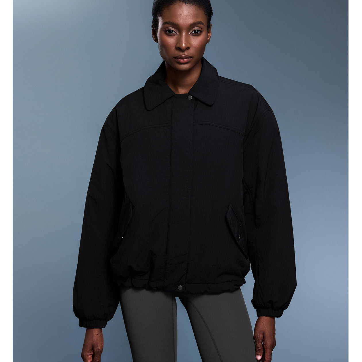 Langry fashion black zip-up bomber jacket with high collar and ribbed cuffs