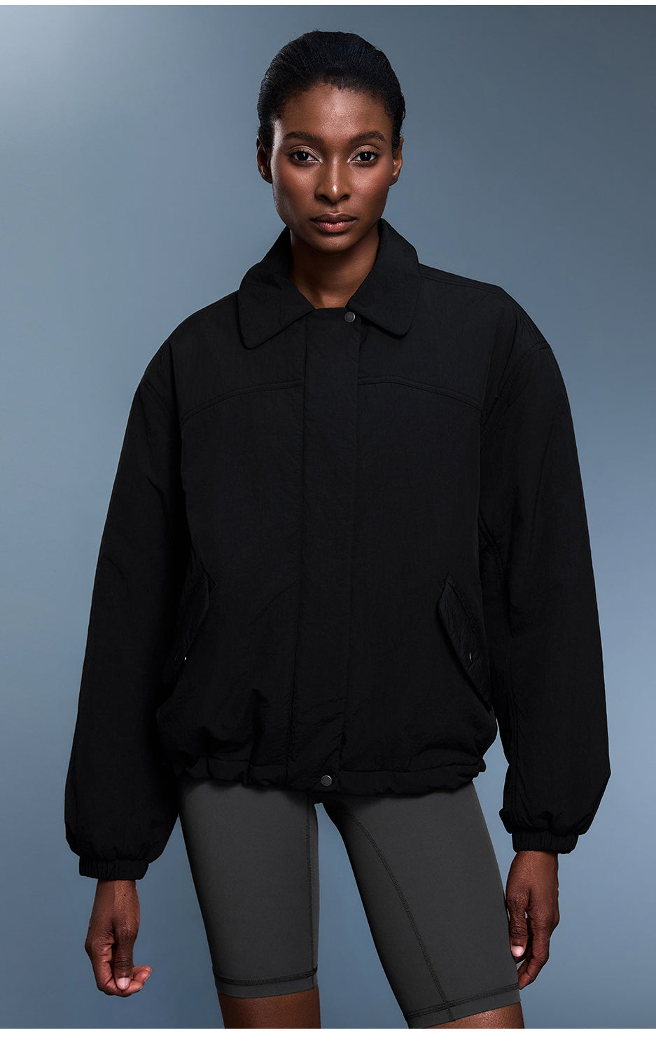 Langry fashion black zip-up bomber jacket with high collar and ribbed cuffs
