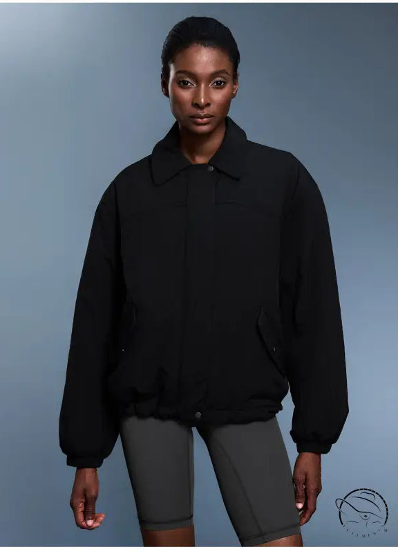 Langry black zip-up cotton padded bomber jacket, fashion coat