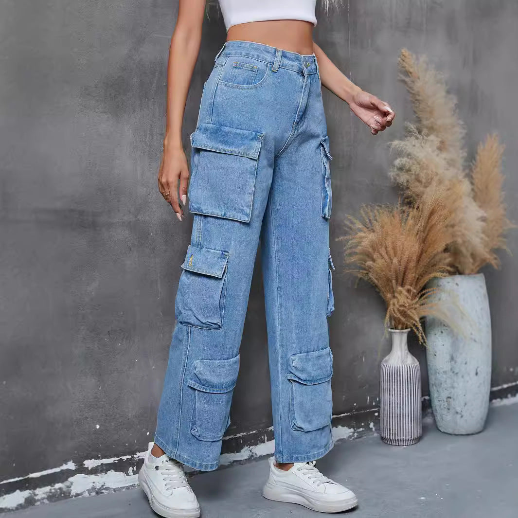 Light blue denim cargo pants from Langry, stylish multi-pocket women’s jeans for fashion