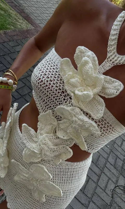 Beach holiday halter floral dress in white crochet with floral applique details