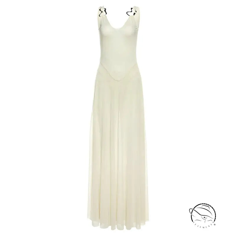 Elegant backless strap mesh dress in cream tulle with black lace trim