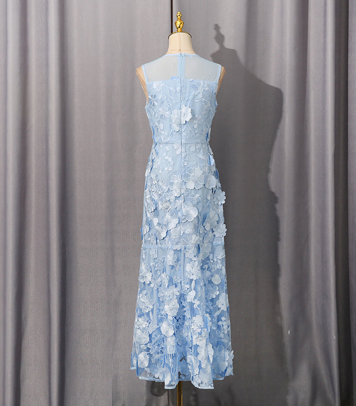 Elegant langry fashion light blue lace fishtail gown with white floral appliques