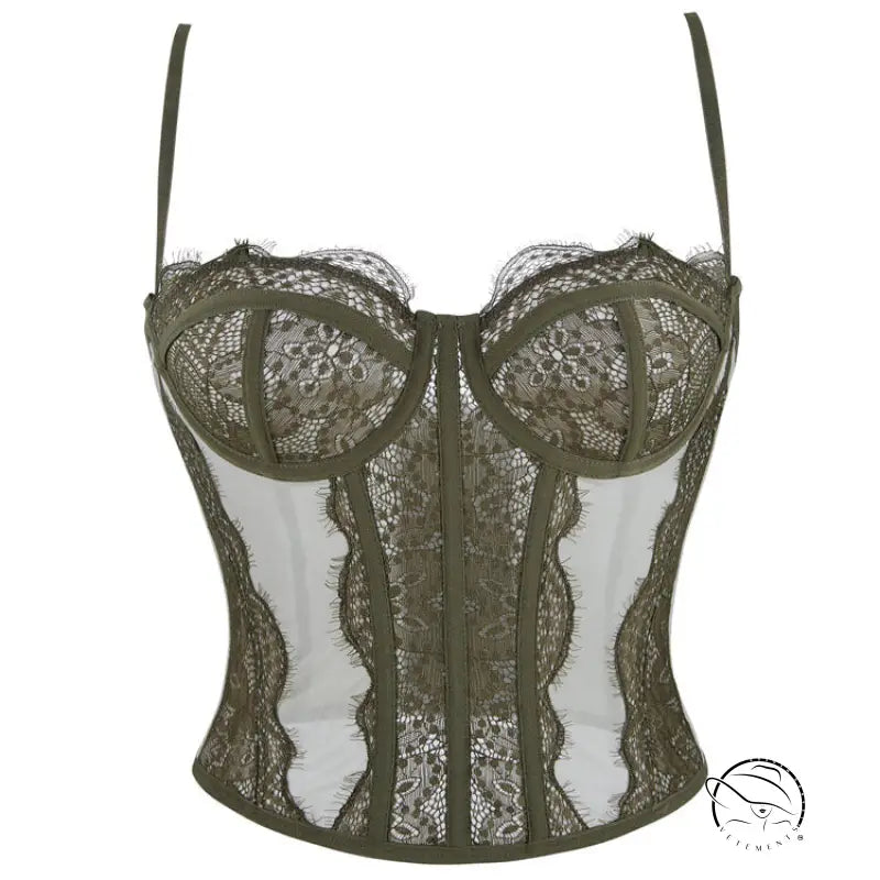 Langry olive green lace camisole bra with scalloped edges and adjustable straps