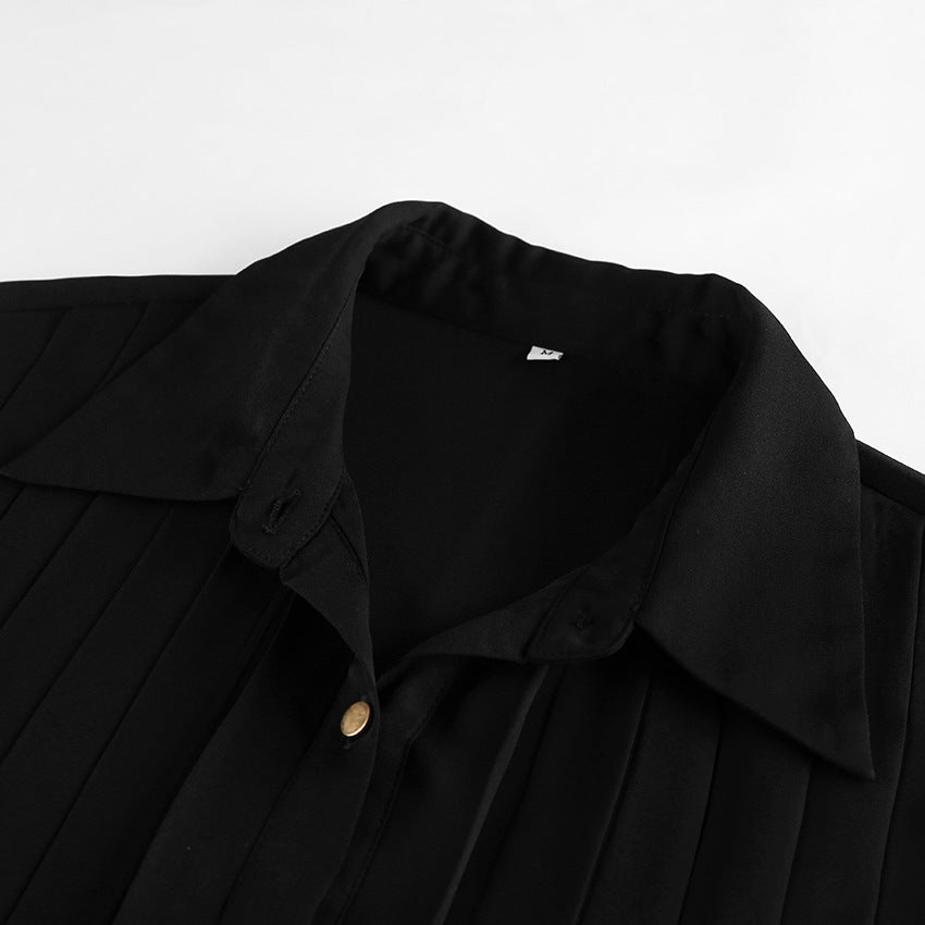 Elegant chiffon black button-up shirt with long sleeves and vertical pleats