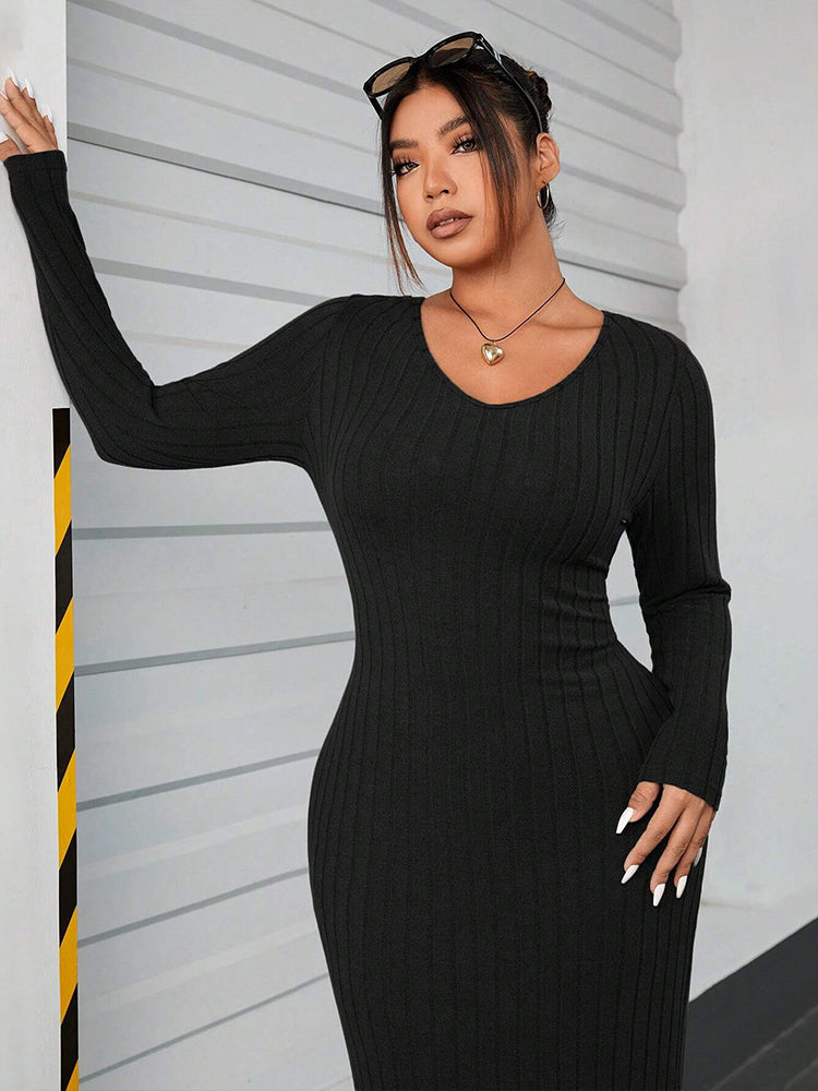 Black ribbed long-sleeve dress from Winter Minimalist Slim Fit Sheath Dress collection, stylish ملابس for fashion enthusiasts