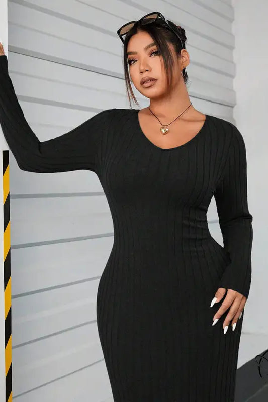 Black ribbed long-sleeve winter minimalist slim fit sheath dress