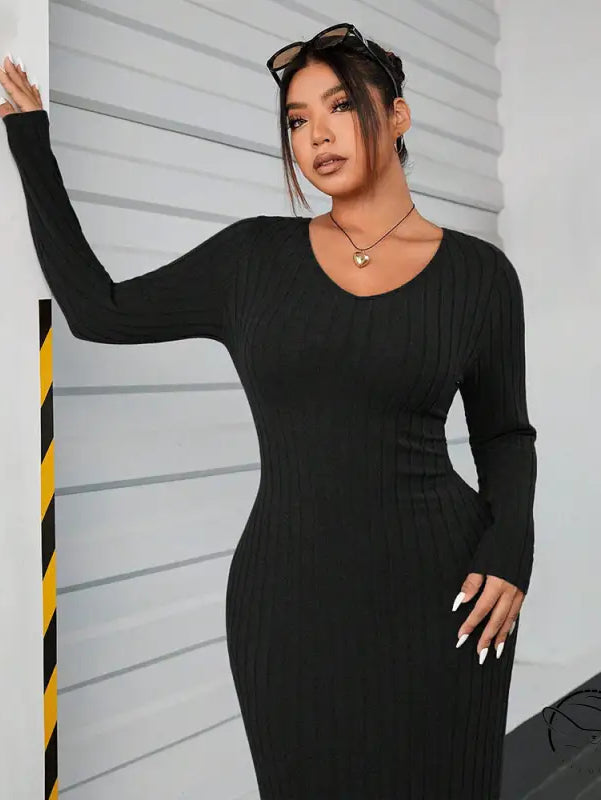 Black ribbed long-sleeve winter minimalist slim fit sheath dress