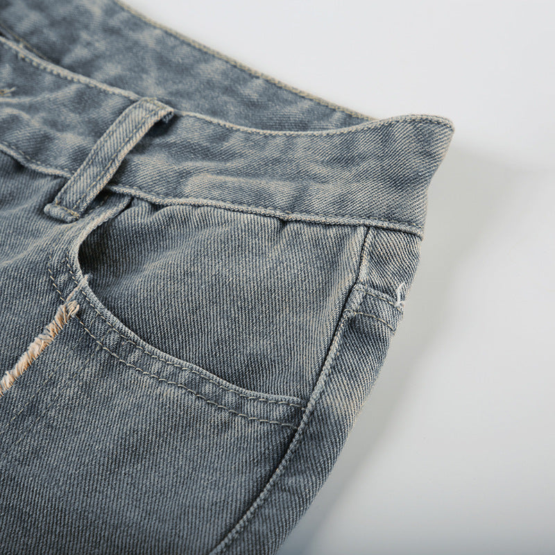 Gray denim jeans detail from Frayed Washed Loose Jeans showcasing langry fashion style