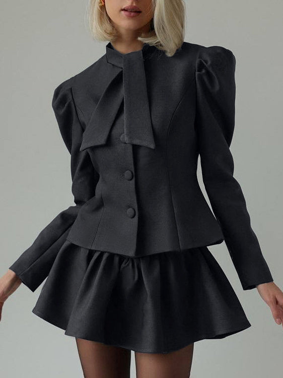 Niche Design Bow Tie Long Sleeve Top Skirt High Sense Two Piece Sets Elegant Outfit