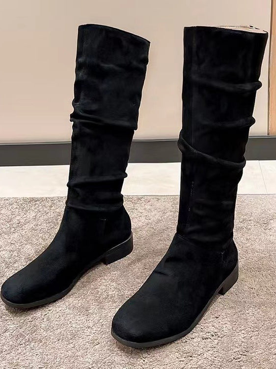 Pile Suede Slip on Knee High Boots